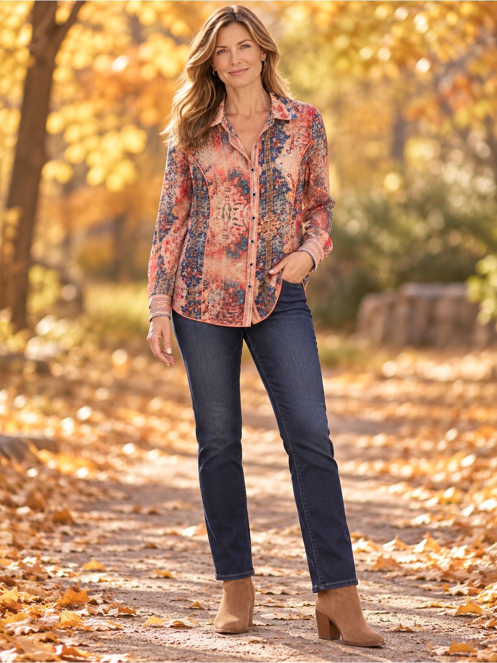 John Mark Mixed Print Embroidered Back Button Blouse Small